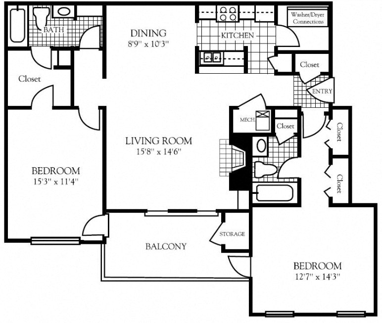 Floor plan for 2 beds, 2 baths, 1202 sqft